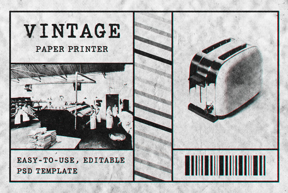 Vintage paper printer mockup template with editable PSD design elements. Ideal for graphic designers seeking retro style. Perfect for digital assets.