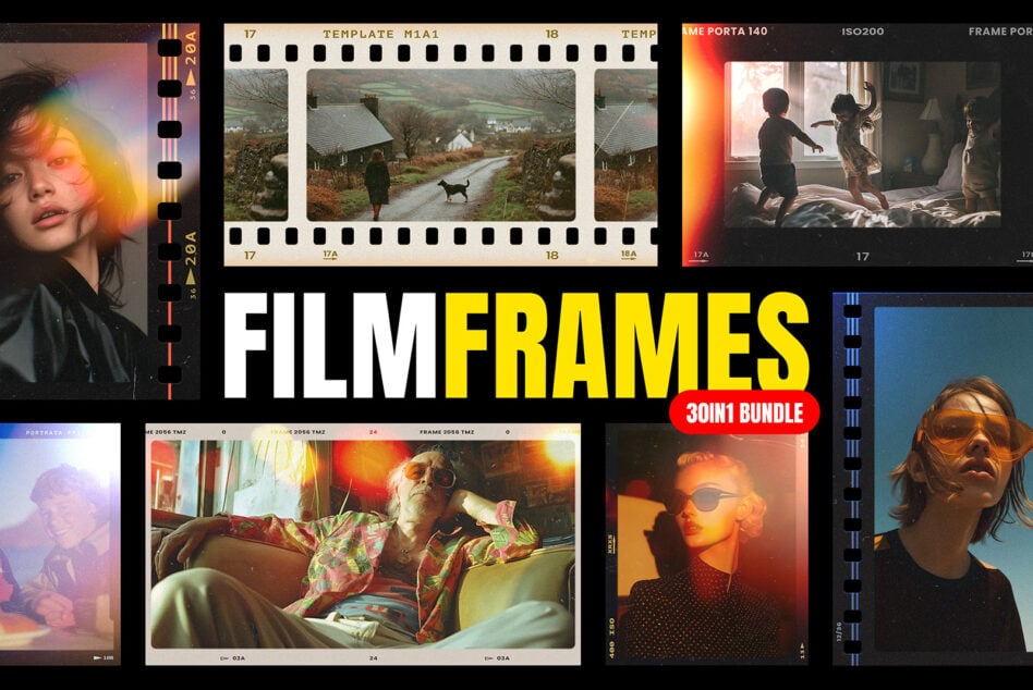 Film frame mockup bundle showcase with 30 different portrait, landscape, cinematic photography examples