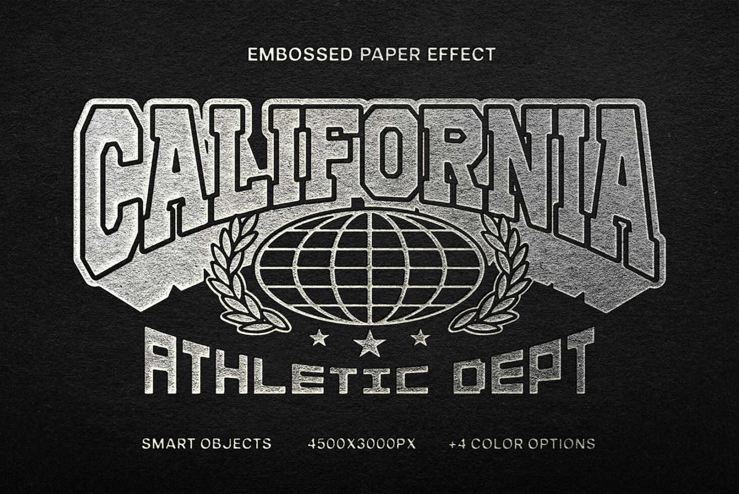 Embossed paper effect featuring California Athletic Dept design. Perfect for mockups, sports graphics, and templates. Includes smart objects, 4500x3000px.