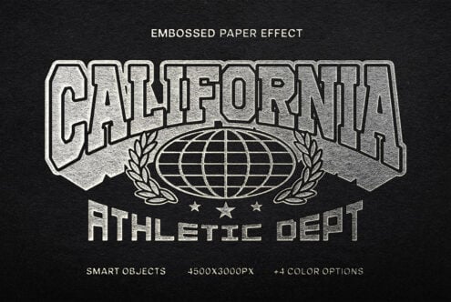 Embossed paper effect featuring California Athletic Dept design. Perfect for mockups, sports graphics, and templates. Includes smart objects, 4500x3000px.