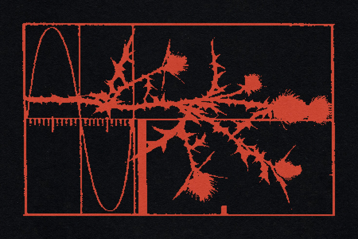 Orange wireframe comic panel layout with chaotic splatter abstract elements