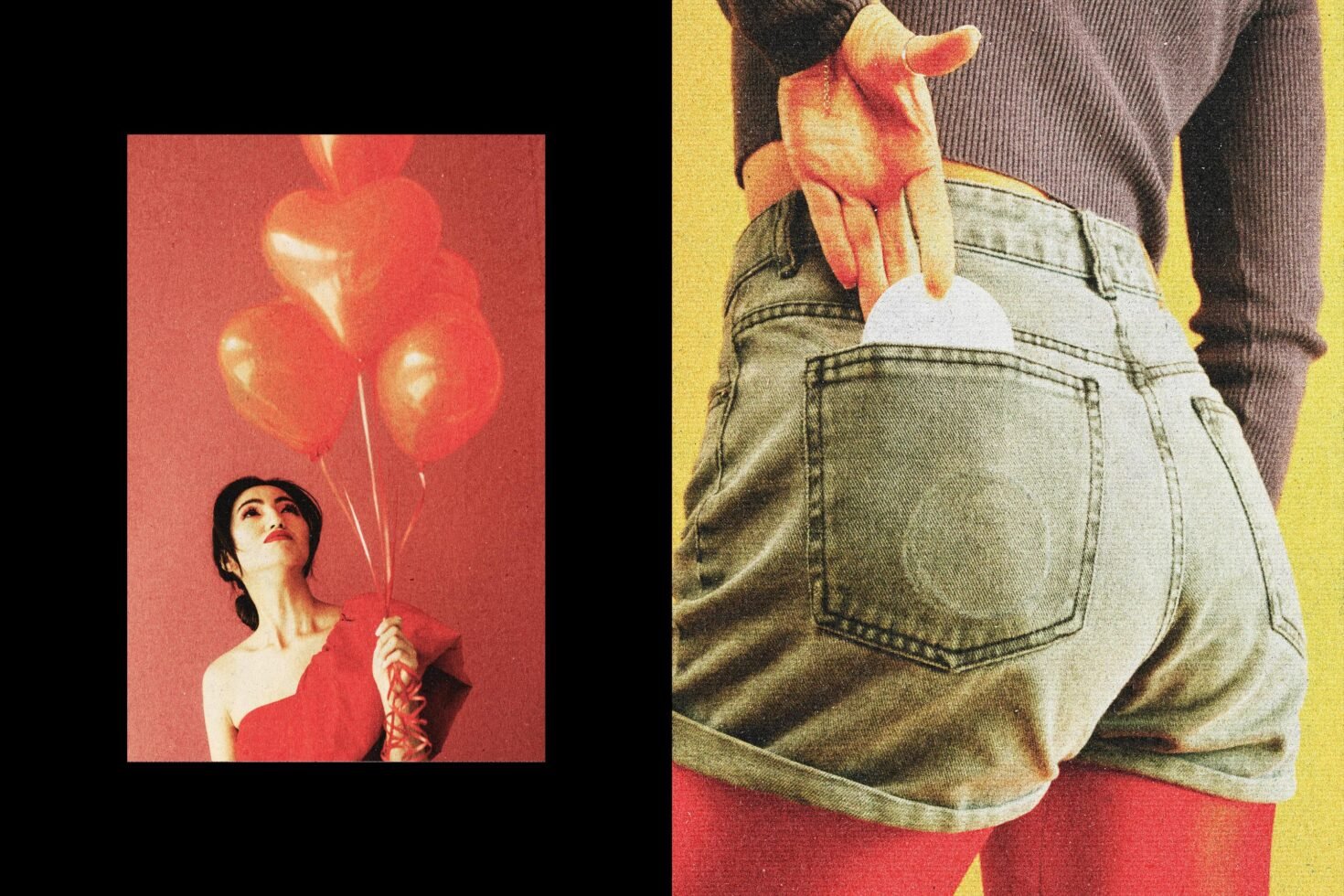 Vintage style collage featuring a woman with red balloons and a person with a hand in denim shorts. Perfect for graphic design and creative projects.