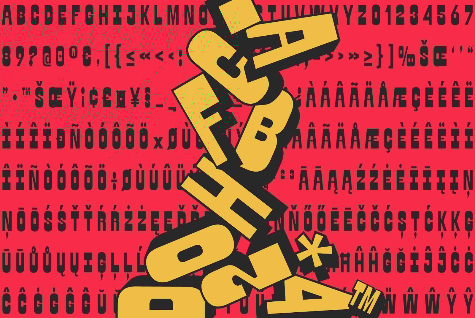 Bold retro font design showcasing uppercase letters and special characters on a vibrant red background perfect for graphic design and typography projects.
