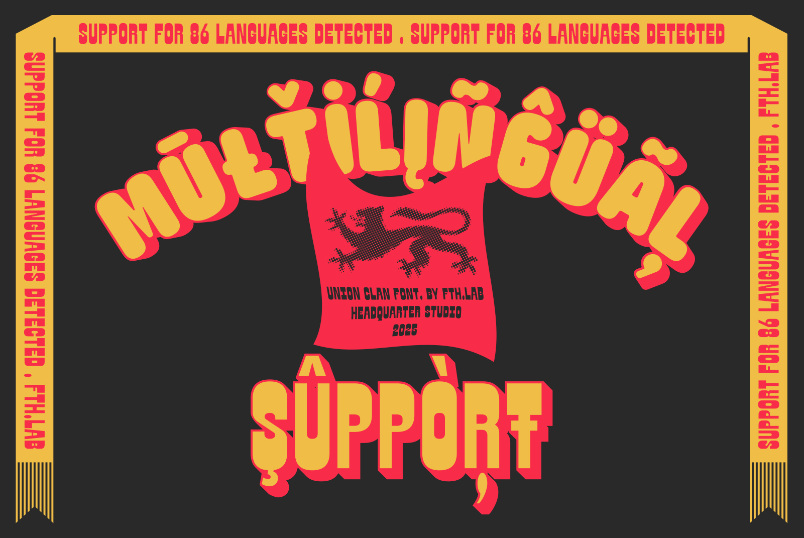 Bold multilingual font design by FTH.LAB featuring a lion graphic and supporting 86 languages. Ideal for designers seeking unique typographic assets.