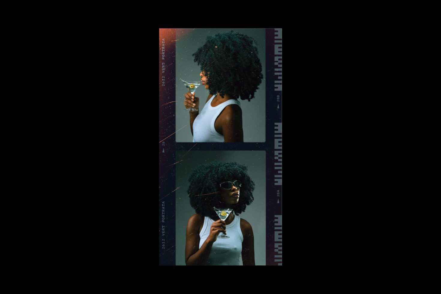 Retro portrait of woman with curly hair holding cocktail, wearing sunglasses and white tank top; vintage photo style, creative graphic design asset.