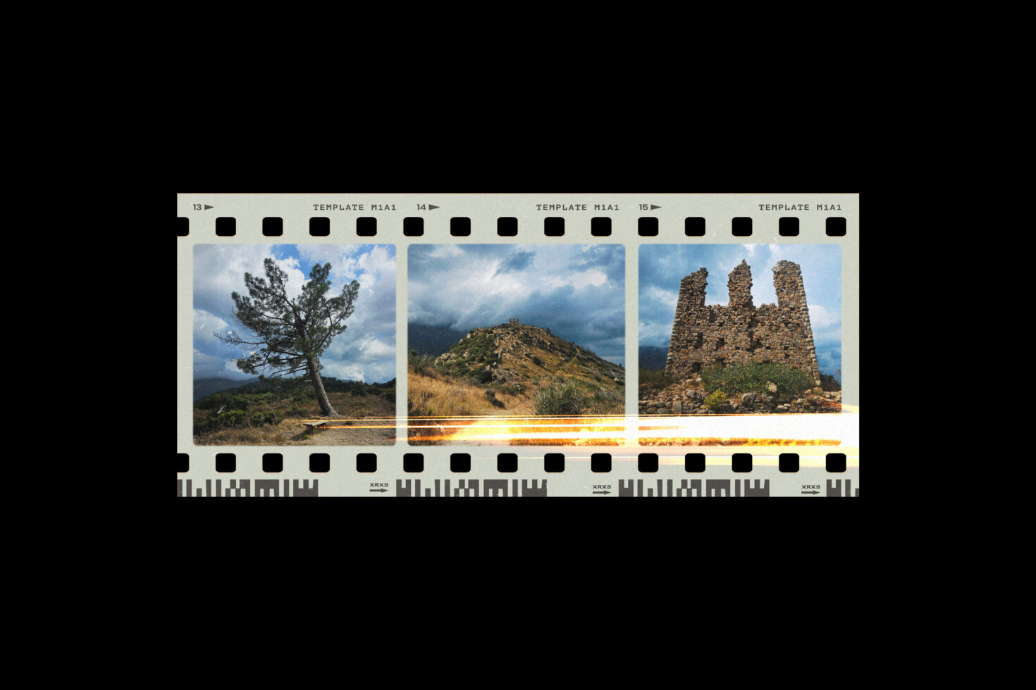 Film strip mockup featuring scenic landscape photographs with tree mountain ruins. Ideal for designers seeking vintage photography effects and templates.