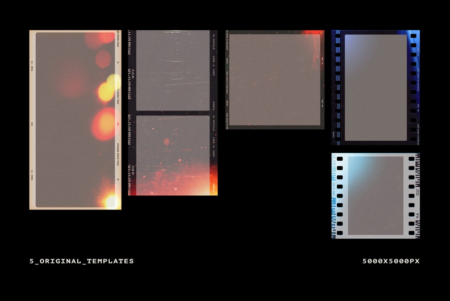 Film strip template set with various designs featuring light leaks and scratches. Ideal for graphic designers seeking vintage aesthetics. 5000x5000px.