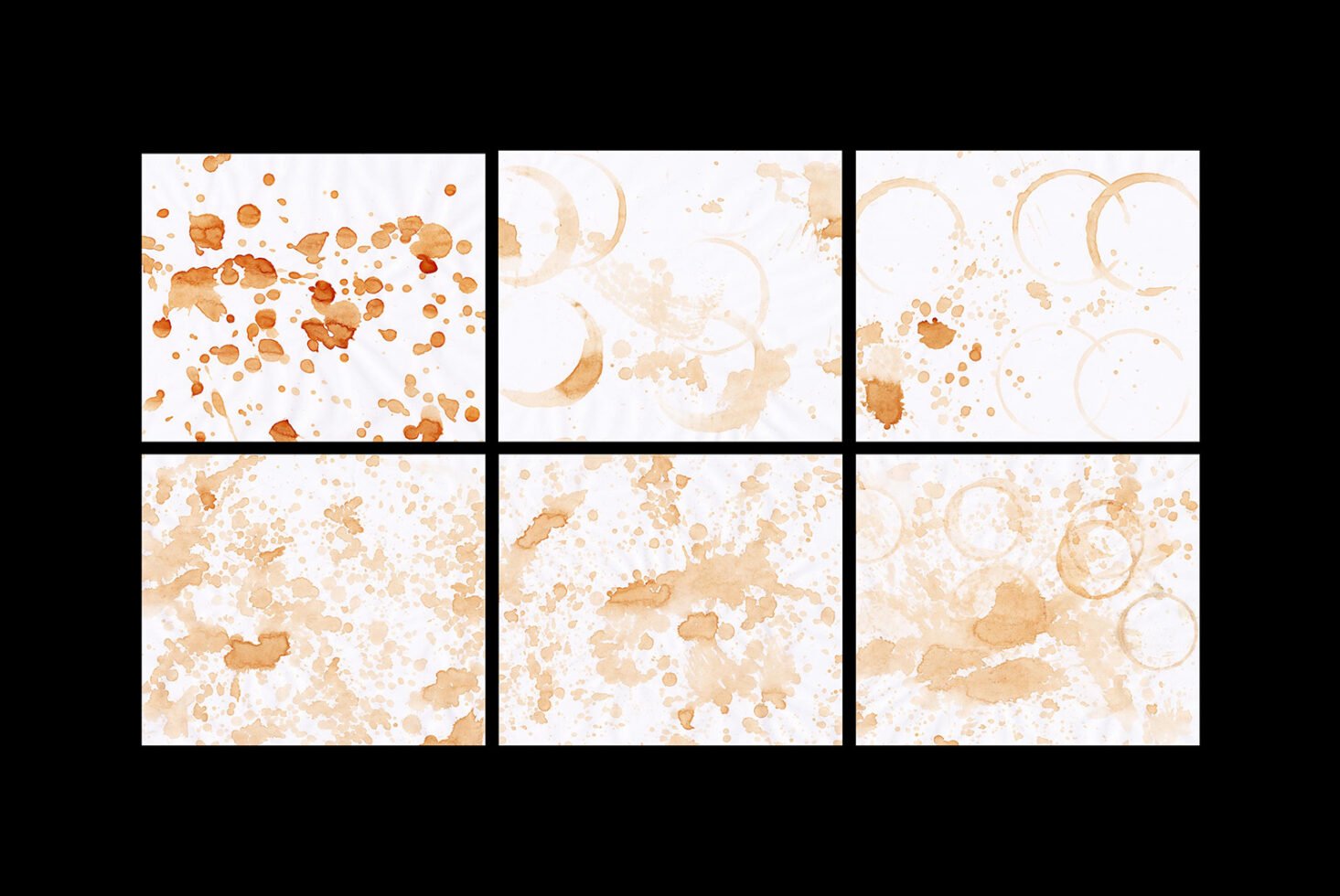 Set of six coffee stain textures with various splatter patterns on a white background for graphic design templates mockups digital art backgrounds