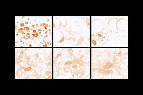 Set of six coffee stain textures with various splatter patterns on a white background for graphic design templates mockups digital art backgrounds