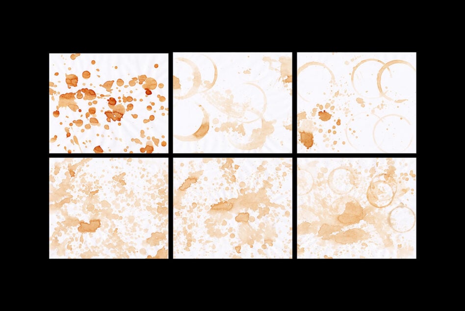 Set of six coffee stain textures with various splatter patterns on a white background for graphic design templates mockups digital art backgrounds