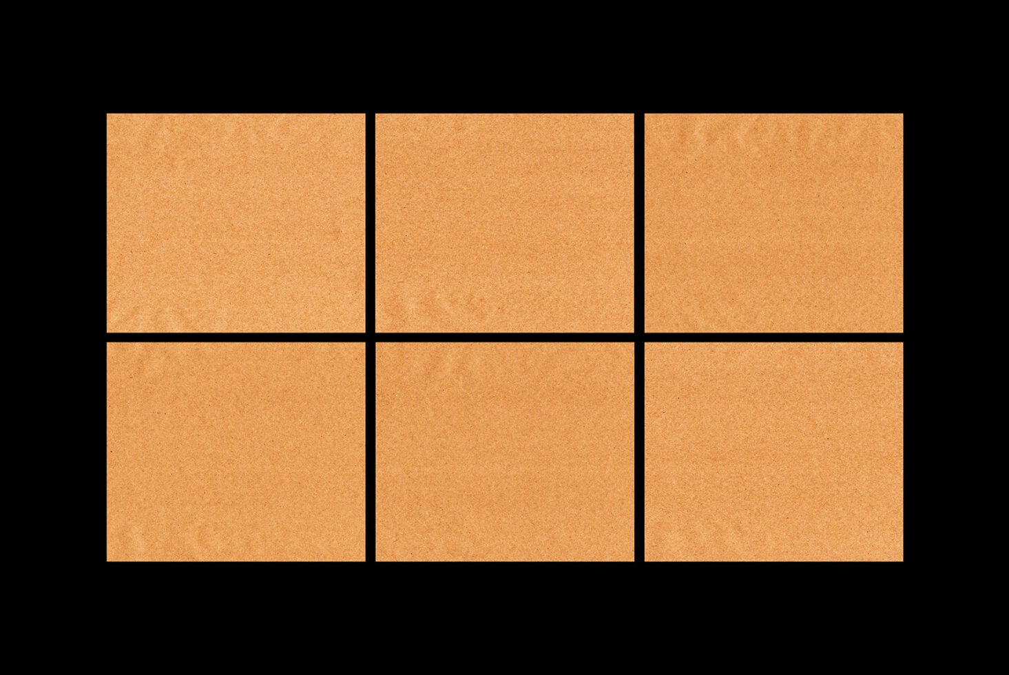 Six kraft cardboard boxes arranged in 2x3 grid on black background