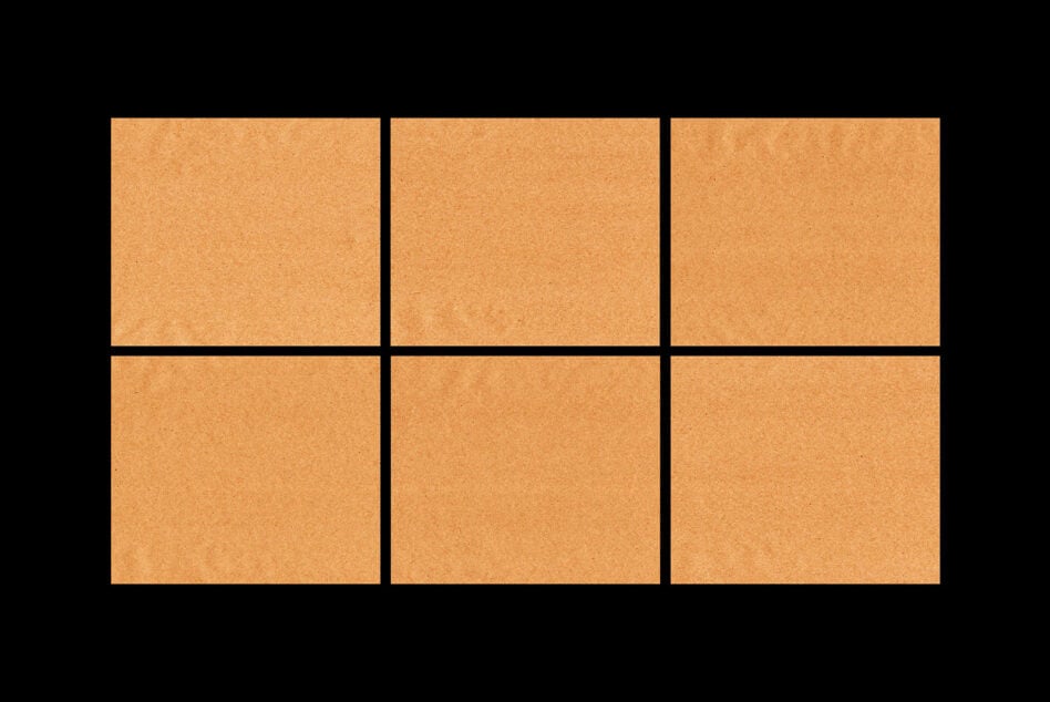 Six kraft cardboard boxes arranged in 2x3 grid on black background