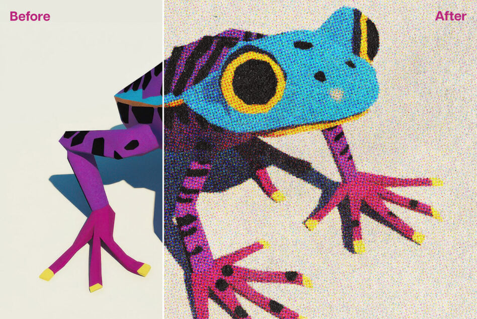 Colorful digital illustration of a frog, showing before and after effect, ideal for graphics, templates, mockups, showcasing vibrant design transformation.