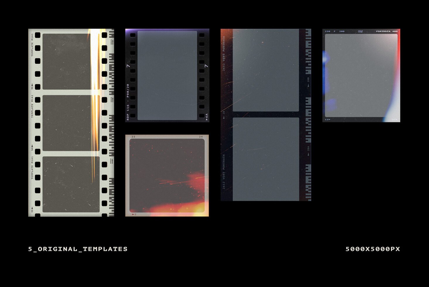 Film strip template set for designers showcasing vintage photo effects; perfect for mockups and creative projects. High-resolution 5000x5000 px.