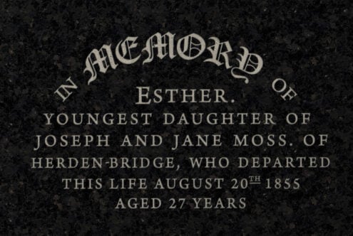 Stone memorial plaque displaying engraved text for Esther with ornate fonts. Ideal for designers seeking historical typography or vintage memorial designs.