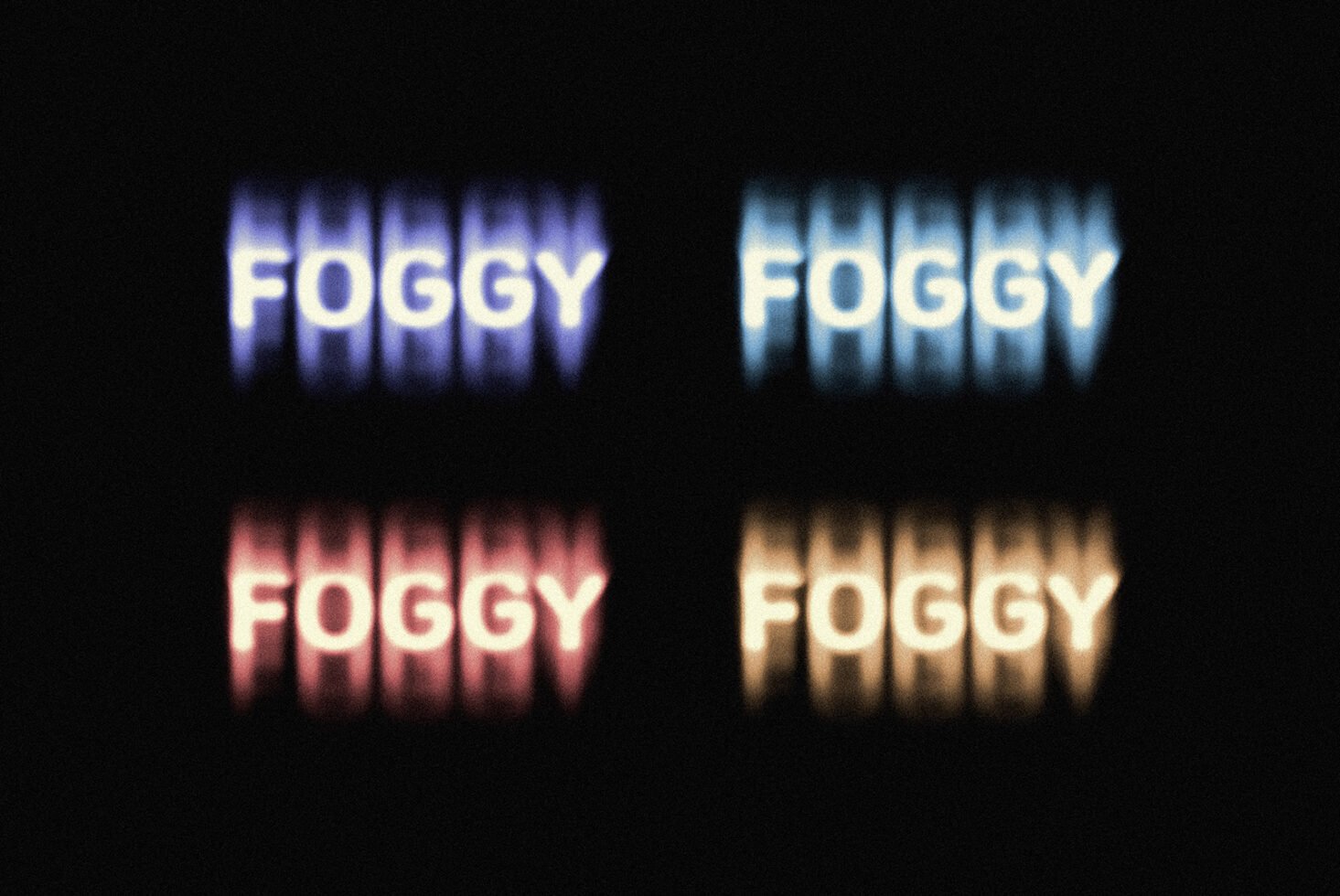 Four glowing neon text variations saying Foggy in a blurred style on a black background perfect for typography assets or design mockups for designers