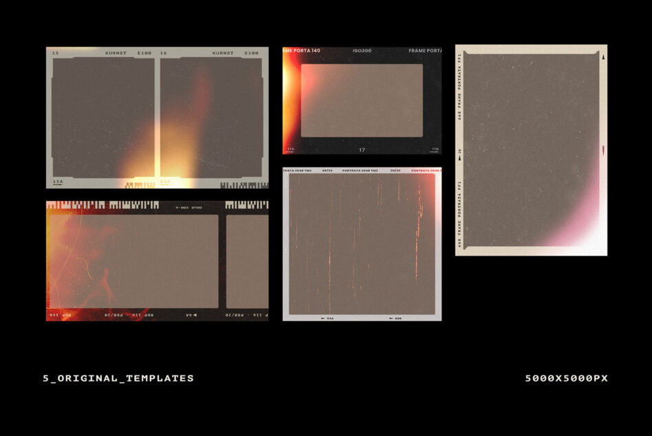 Five film frame template mockups with warm color grading overlays