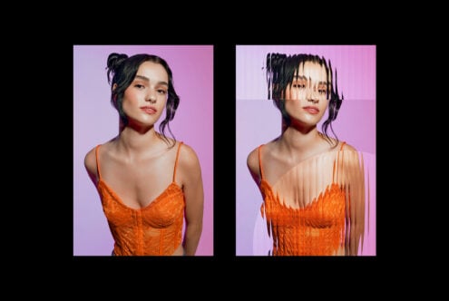 Fashion photography collage with a woman in an orange lace top and digital glitch effect, perfect for designers, mockups, and graphic templates.