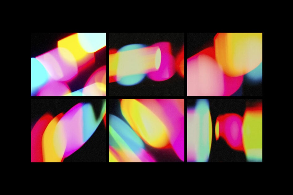 Grid of six neon glitch effect close-ups showing colorful light refraction on black background