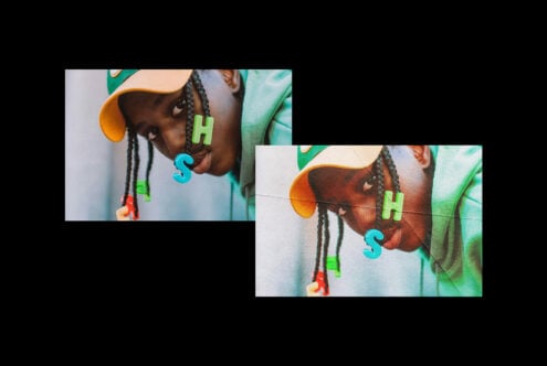 Trendy mockup featuring a person wearing a green outfit and orange cap, with colorful alphabet beads in hair. Perfect for graphic and fashion design projects.