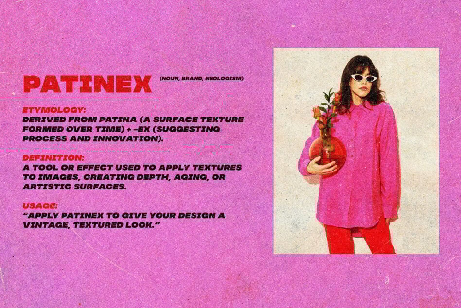 Vintage texture effect template featuring text, definition, and a woman with a flower vase on pink background. Ideal for graphic designers seeking depth.