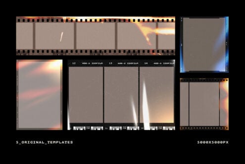 Film strip photo templates with light leaks and dust textures. Ideal for mockups, graphics designers. Vintage, editable, retro photographic elements.