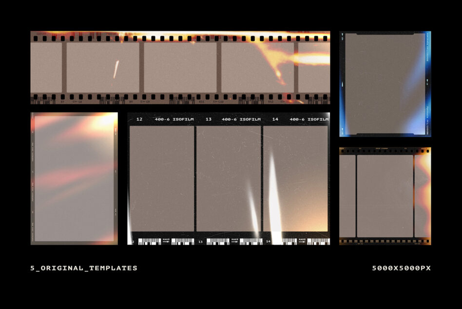 Collection of 5 film strip templates with light leaks, vintage color grading, burned edges