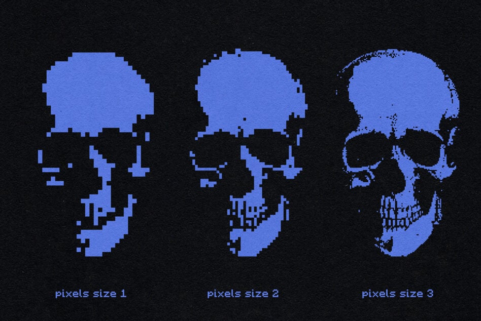 Three blue pixel skulls showing size variations in retro computer graphics style