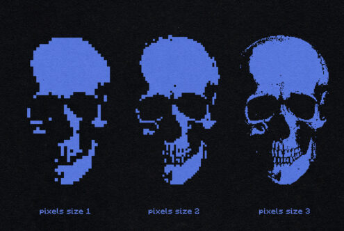 Pixelated skull graphics in three sizes with a blue and black color scheme ideal for digital design mockups and graphic design assets.