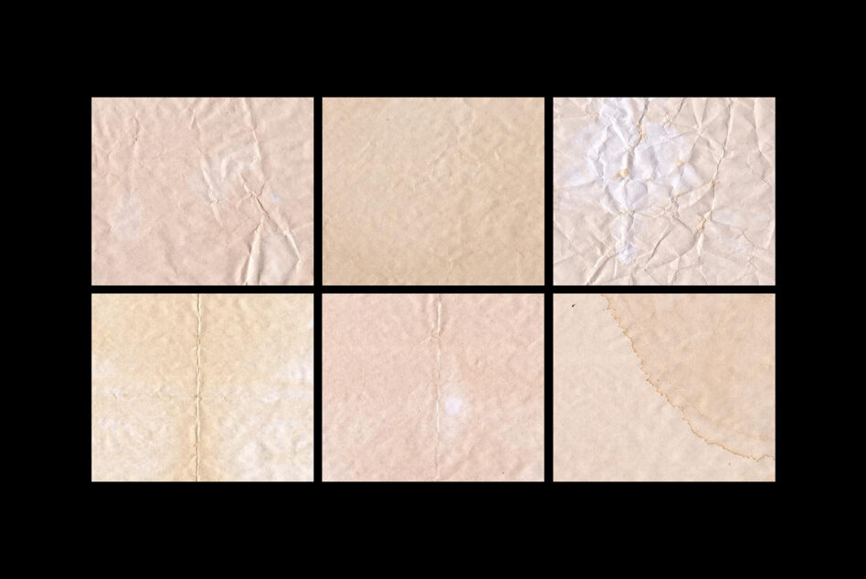 Crumpled paper textures in cream, beige, pink with visible fold marks, creases, dust specs