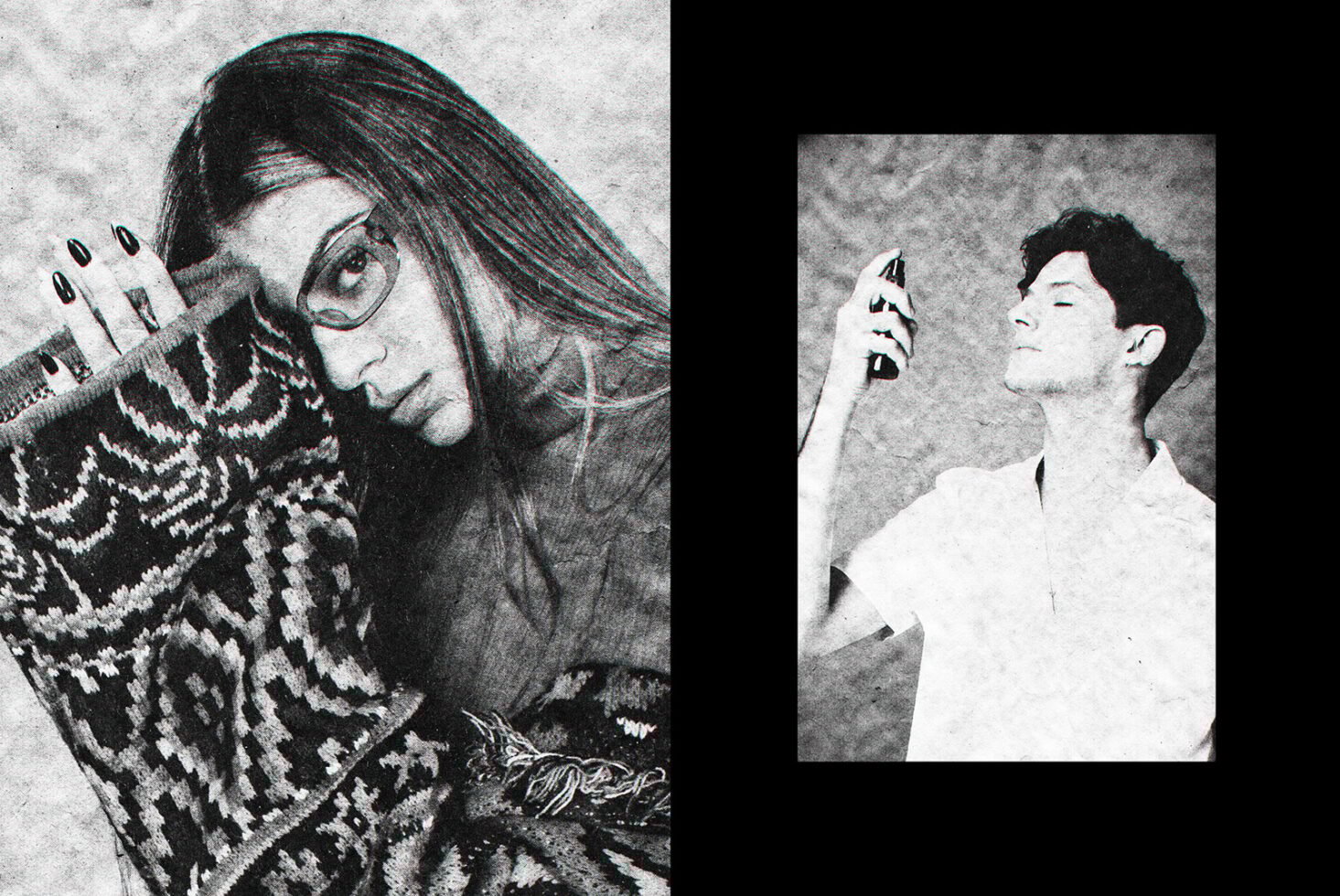 Grainy black and white photo collage with a woman in patterned sweater on left and man using spray on right; vintage style graphic for designers.
