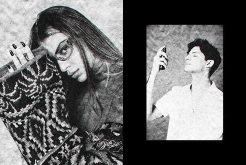 Grainy black and white photo collage with a woman in patterned sweater on left and man using spray on right; vintage style graphic for designers.
