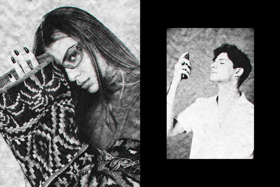 Grainy black and white photo collage with a woman in patterned sweater on left and man using spray on right; vintage style graphic for designers.