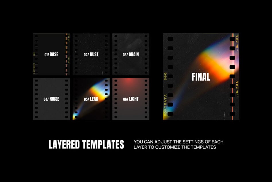 Six film strip templates labeled base, dust, grain, noise, leak, light with colorful gradient overlays