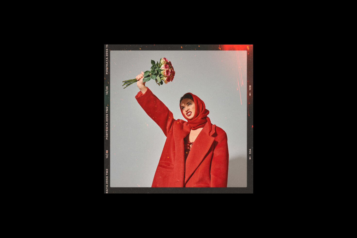 Woman in red coat and scarf holding bouquet against gray background. Vintage film style. Perfect for design graphics, templates, fashion mockups.