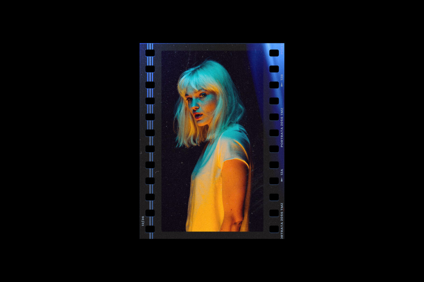 Portrait of a woman in vibrant orange and blue lighting within a film strip frame; ideal for graphics, mockups, and retro design projects.