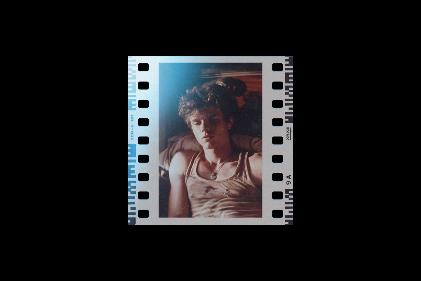 Vintage filmstrip mockup featuring a young man in casual attire; ideal for graphic design projects, photo presentations, and retro-themed designs.