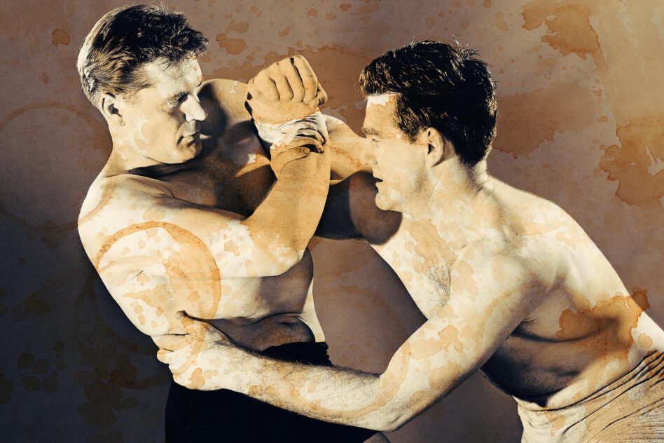 Vintage photo of two wrestlers in action with a grunge texture overlay. Perfect for designers seeking retro sports graphics, vintage mockups, and artistic templates.