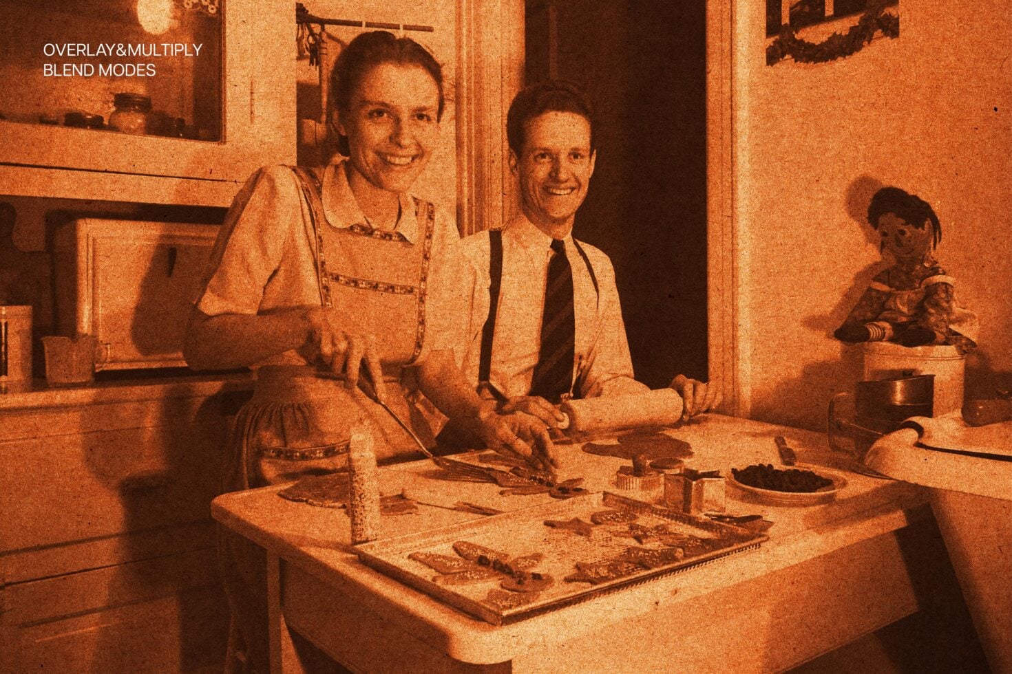 Vintage sepia-toned photo of family cooking together in kitchen with overlay blend modes text