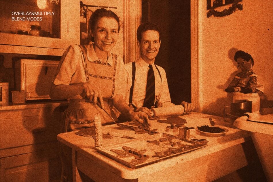 Vintage sepia-toned photo of family cooking together in kitchen with overlay blend modes text