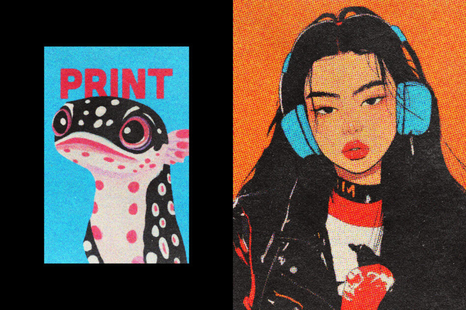Colorful print with illustrated gecko and digital art of girl in blue headphones; vibrant graphics for creative design templates and mockups.