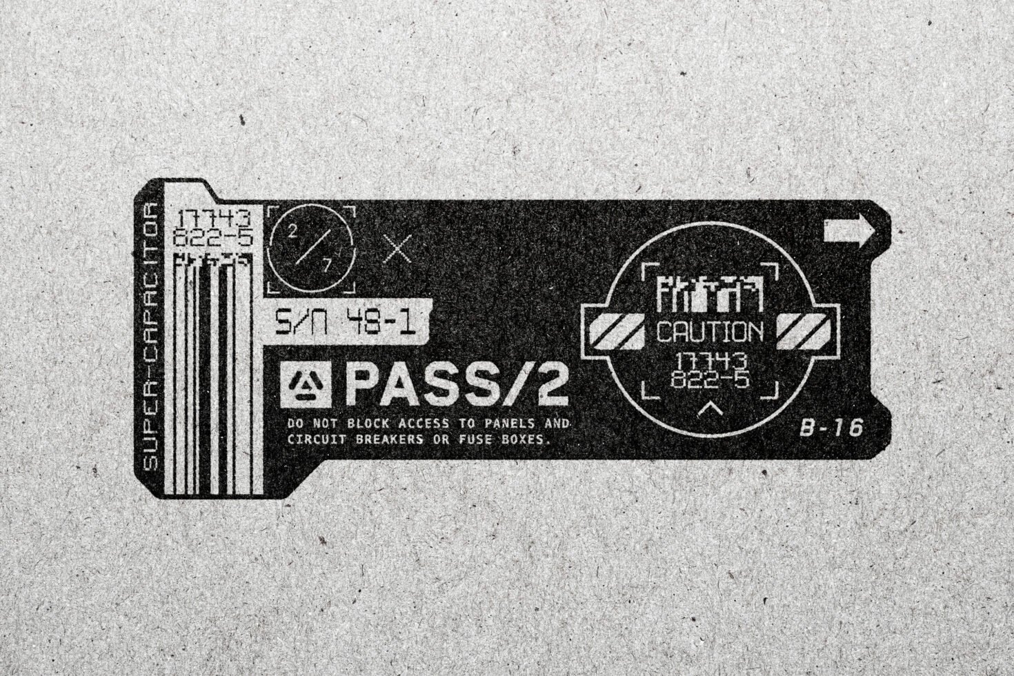 Futuristic label design template with technical elements on textured background. Ideal for digital assets, industrial graphics, and designer mockups.