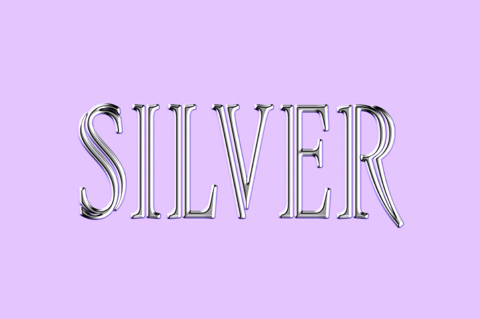 Silver outline serif lettering on soft lavender background with dimensional styling