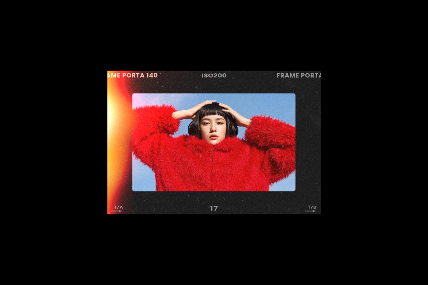Fashion graphic template showcasing a person in a red fur coat against blue sky framed with vintage film effect ideal for design mockups creatives.
