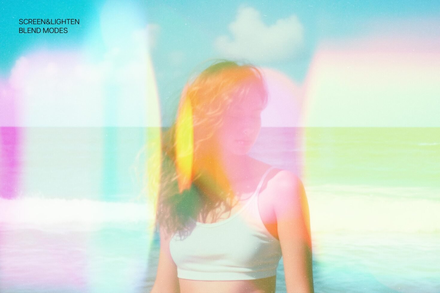 Dreamy beach portrait with vibrant light leaks and blend modes Screen and Lighten perfect for creative graphic designs mockups and visual templates.