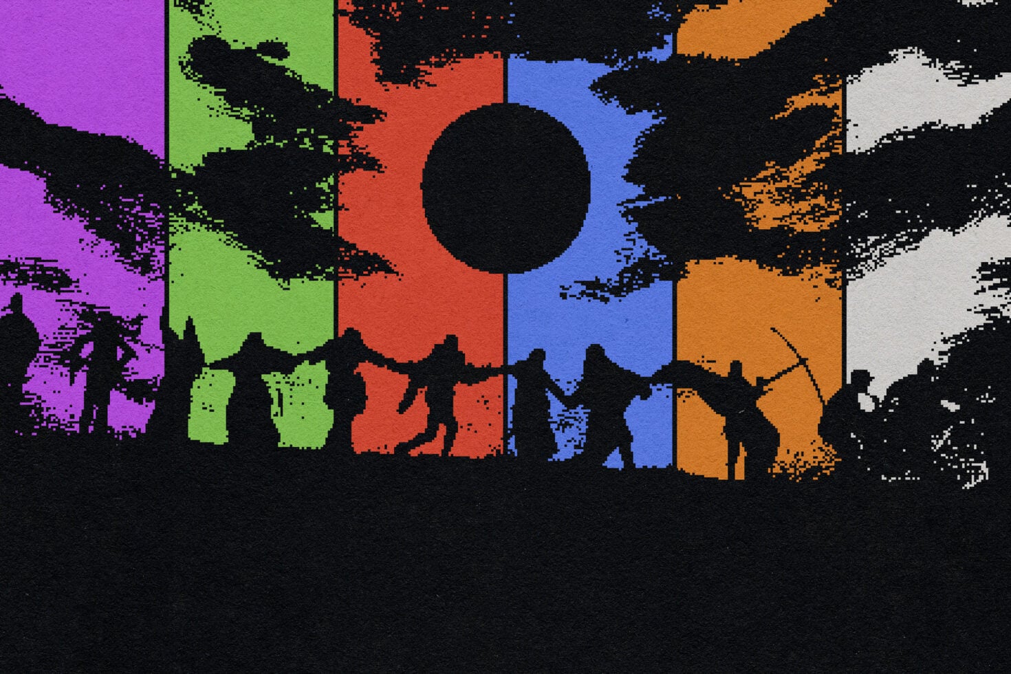 Colorful pixelated landscape with five silhouettes under moon, multi-color bands