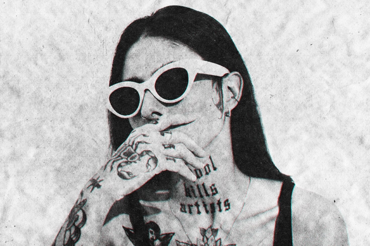 Monochrome grunge portrait of a tattooed person wearing retro sunglasses. Perfect for graphic designs, templates or mockups. Edgy aesthetic vibe.