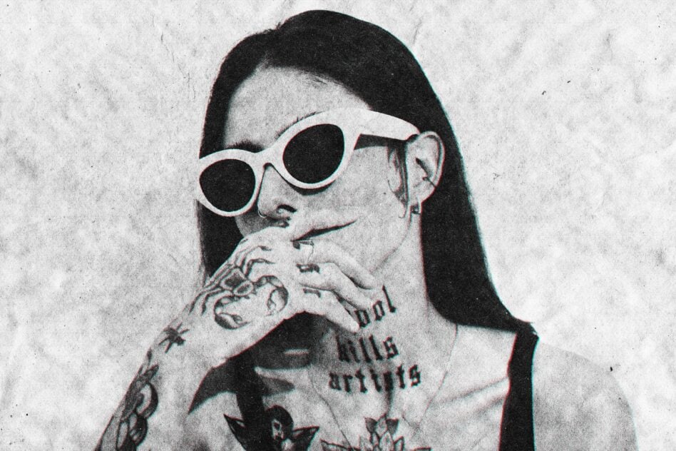 Monochrome grunge portrait of a tattooed person wearing retro sunglasses. Perfect for graphic designs, templates or mockups. Edgy aesthetic vibe.