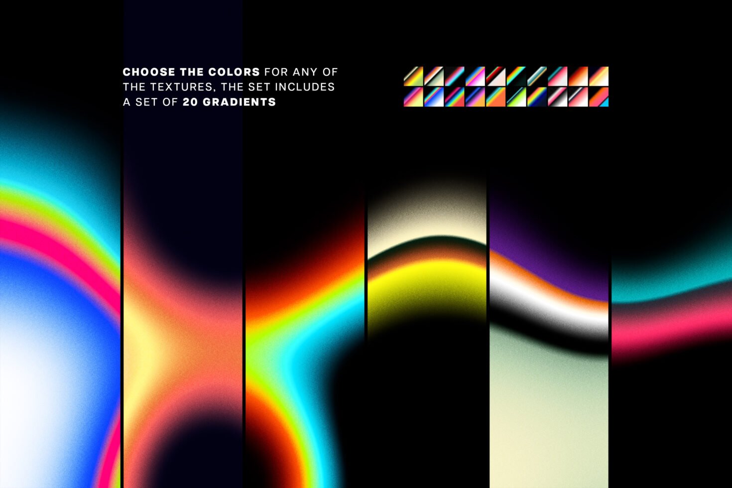 Colorful gradient backgrounds set with 20 vibrant textures suitable for designers. Perfect for creative projects in mockups, graphics, and templates.