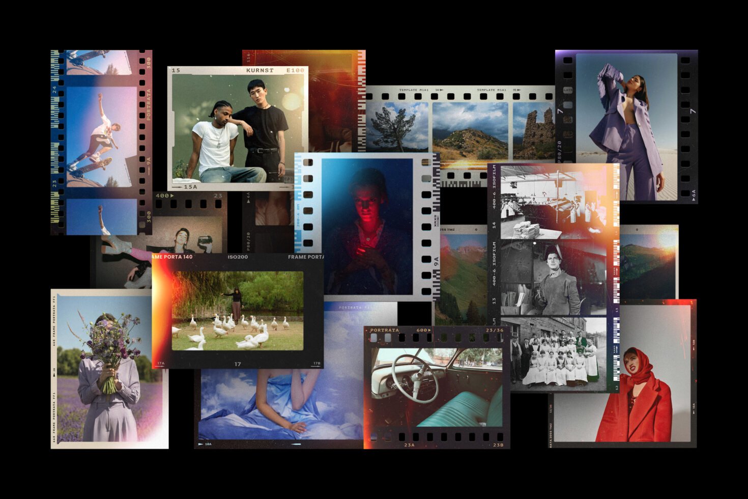 Collage of diverse photo film strip templates for designers showcasing portraits, landscapes, and fashion shots, ideal for graphic design projects and mockups.